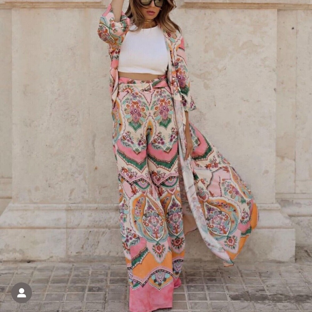 ZARA WOMAN NWT SS22 PINK PALAZZO PRINTED PANTS WITH BELT